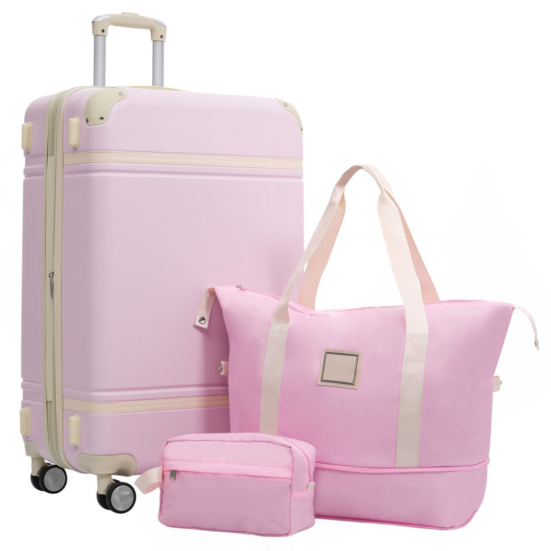 Valise à roulettes Hardshell avec sacs Valise à roulettes double avec verrou TSA, bagage rétro simple 28 po, rose clair