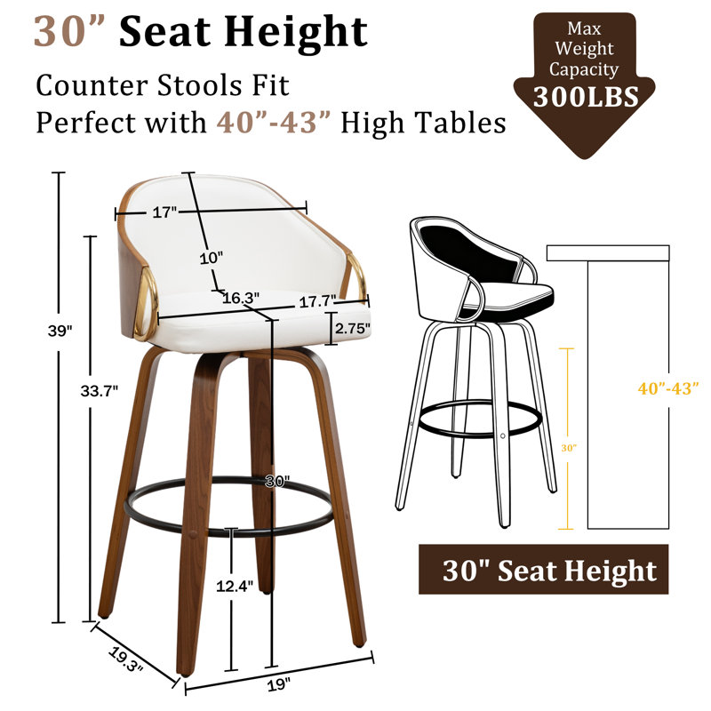 Swivel Upholstered Counter Stool, White, Bar Stool (30" Seat Height)