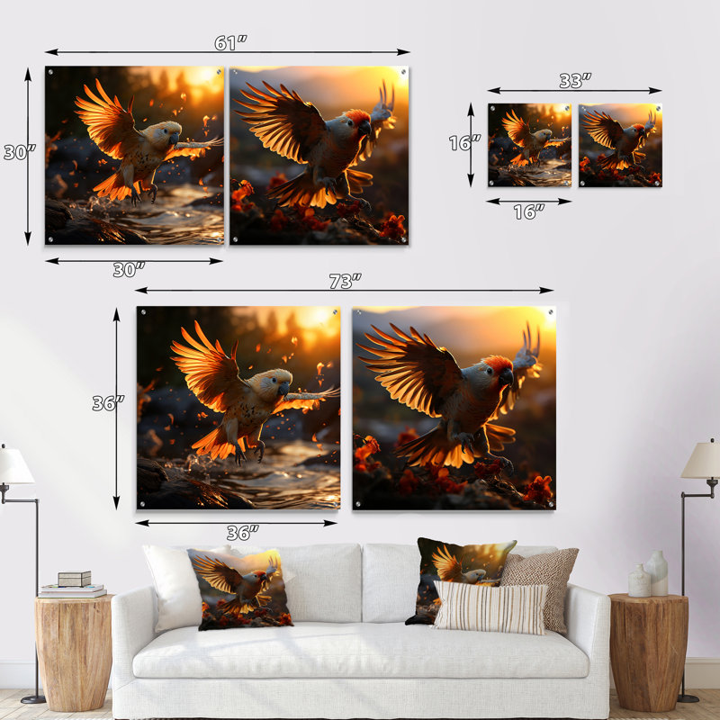 Perroquets jaunes coucher de soleil doré - ensemble de 2 peintures murales en acrylique, H 16 po x l 33 po