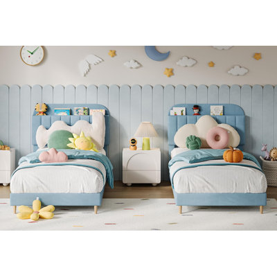 2PCS Twin Upholstered Beds with Bookcase Headboard & Velvet Foundation, Blue