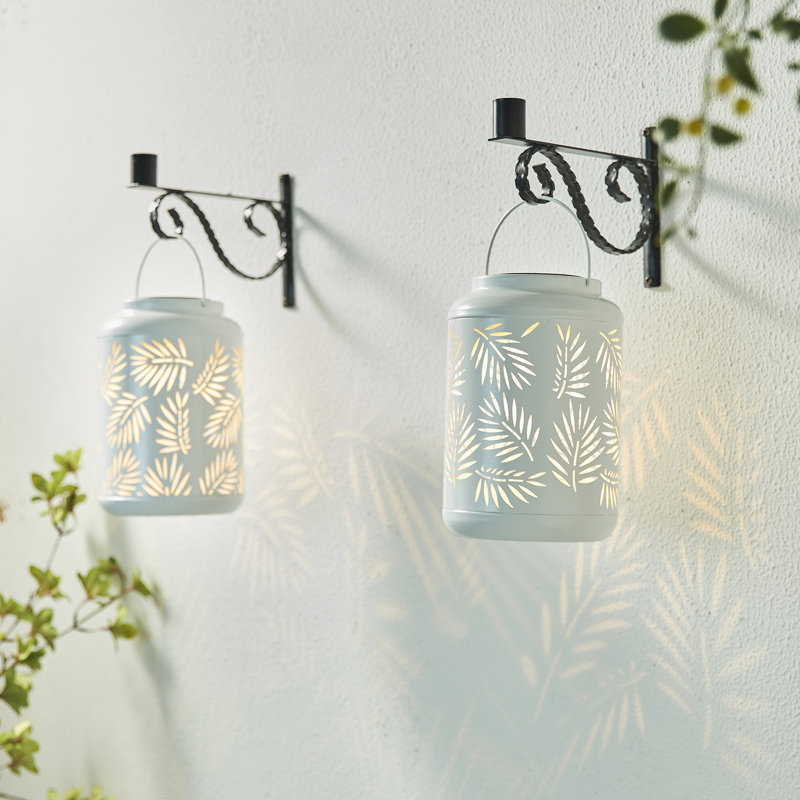 8.75"H White Metal Solar Powered Outdoor Hanging Lantern With LED Light(Set Of 2)