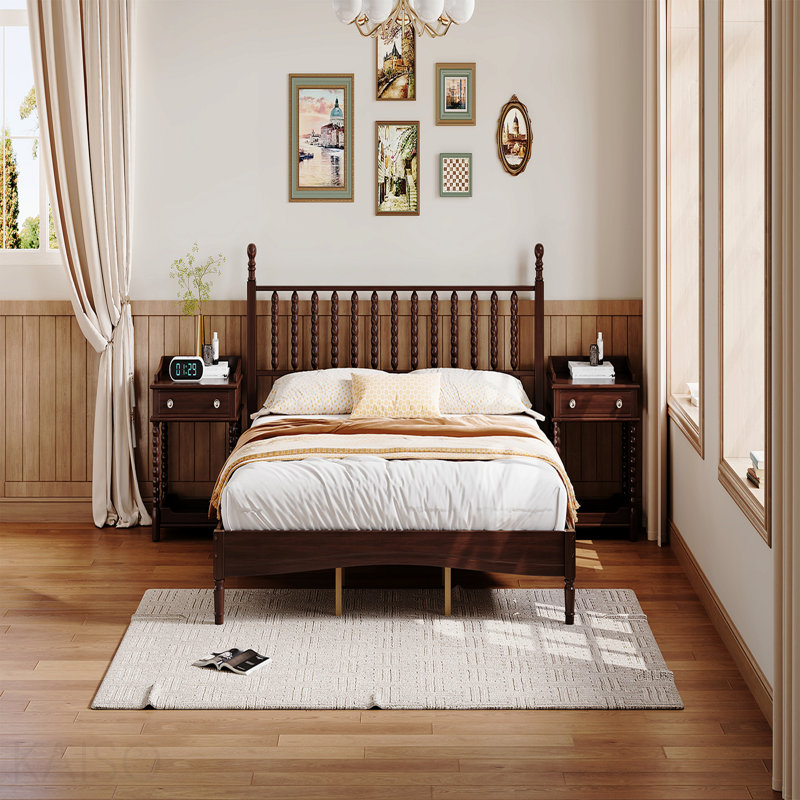 Lit plateforme très grand en bois avec tête de lit en forme de gourde, lit plateforme de style rétro avec support à lattes en bois, noyer