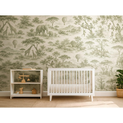 Sage Safari Toile Wallpaper Mural, Peel and Stick Kids Room Wall Mural, Watercolor Nursery Wallpaper Made to Measure