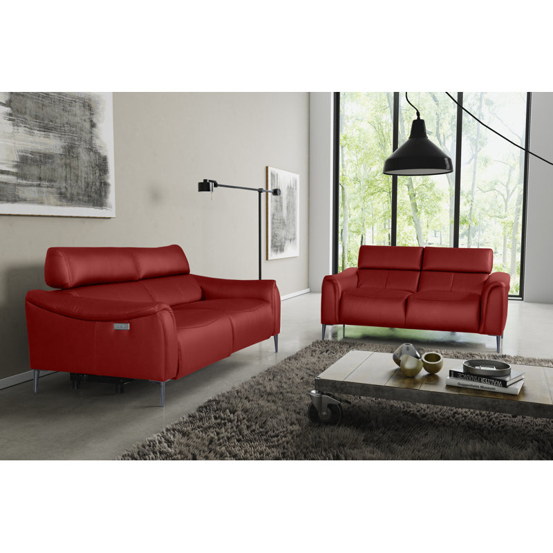 164 cm Genuine Leather Pillow Top Arm Reclining Sofa, Red Wine
