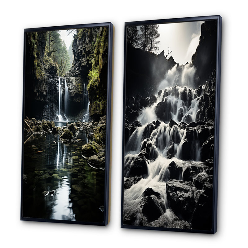 «Grey Green Waterfall Cascading Reflections», 2 pièces, Cadre noir, H 40 po x l 40 po