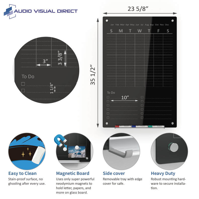 Tableau magnétique en verre effaçable à sec Audio-Visual Direct 24" x 36" pour liste de tâches hebdomadaire, agenda et agenda mural