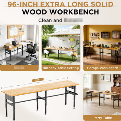 Établi à hauteur réglable de 96 po avec surface en bois massif, charge de 2 000 lb, côté, boîte de rangement et alimentation électrique - Convient pour la réparation mécanique, plateau de table très long, capacité, 4 hauteurs, prise idéale