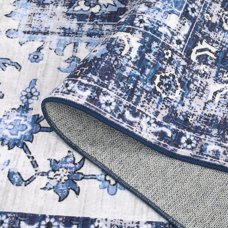 8'x10' Vintage Low-Pile Area Rug, Machine Washable Non-Slip Stain Resistant Carpet for Living Room Bedroom, Blue, Blue