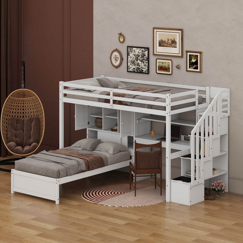 Lit mezzanine simple au-dessus de simple avec bureau intégré, escalier, compartiments de rangement et tablettes, Blanc