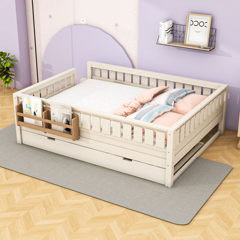 Charmant lit plateforme avec bibliothèque de chevet et lit gigogne coulissant, Queen, Beige