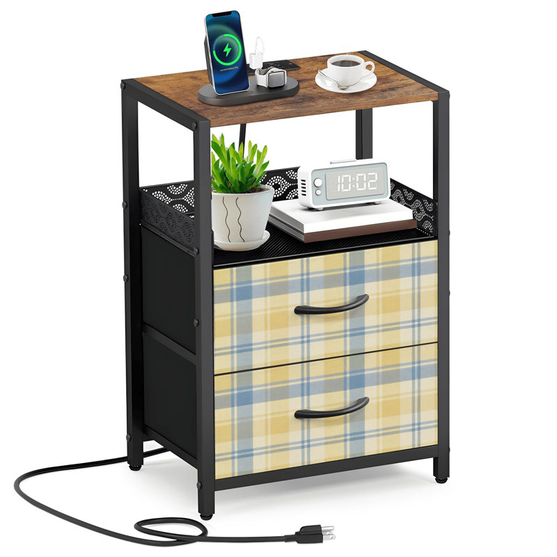  24.2" 2 - Drawer Nightstand Yellow Blue Plaid Soft Pastel Checkered Side Table with Charging Station Iron Frame Bedside Table