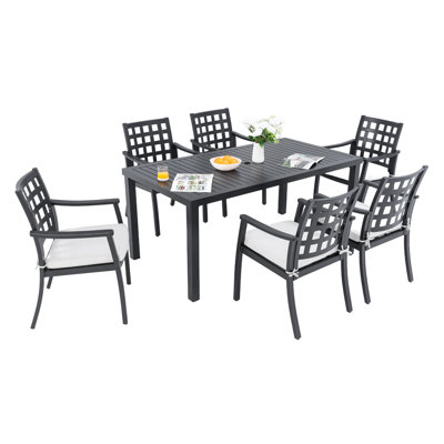 Ensemble de salle à manger d'extérieur moderne classique 7 pièces, une table rectangulaire et six chaises de salle à manger fixes, fonte d'aluminium