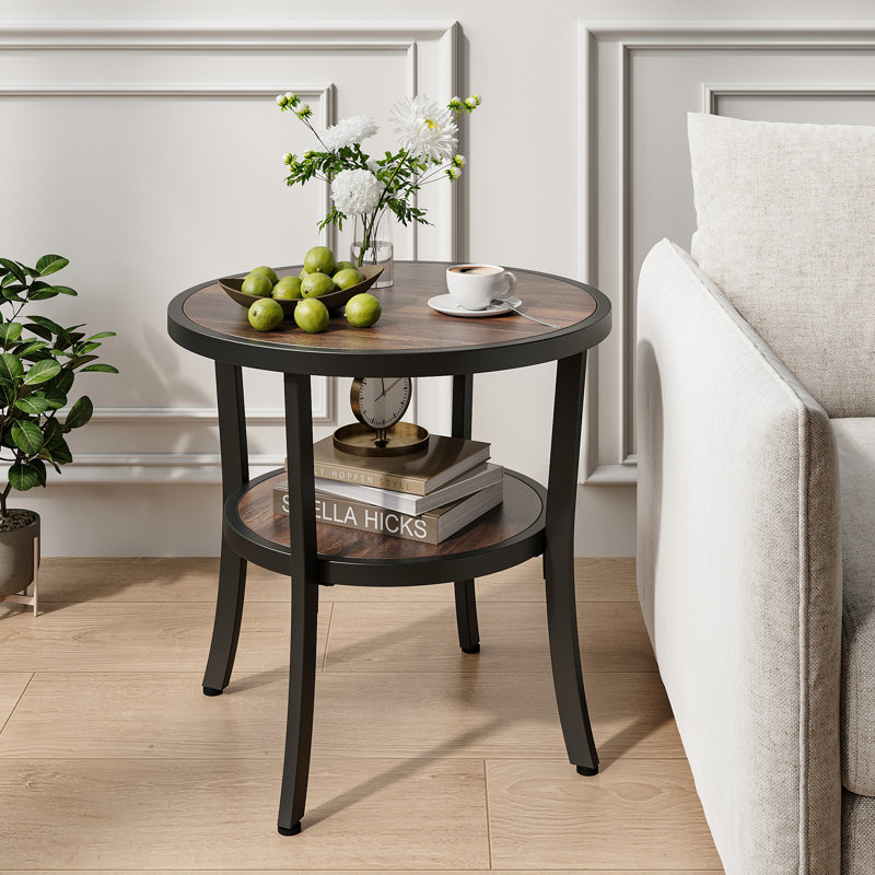 23.6” Rustic Industrial Round Side Table With 2-Tier Storage Shelf And Curved Metal Legs