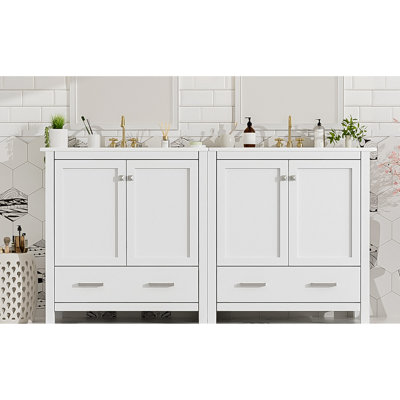 Meuble-lavabo de 60 po, lavabos doubles, options de rangement, style moderne - Transformez votre esthétique avec des tablettes intégrées, des poignées élégantes embellissent la salle de bain