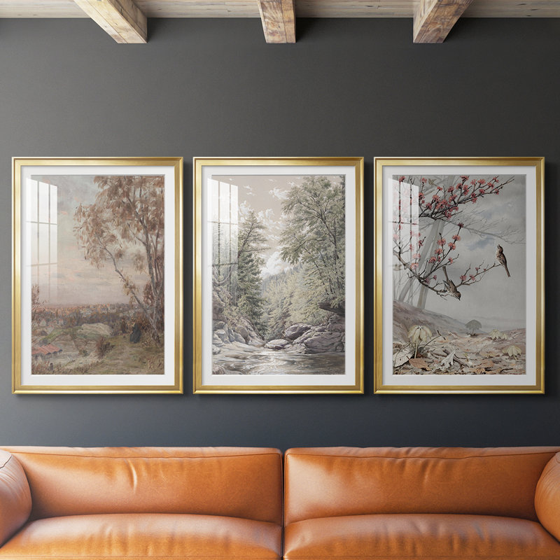 Paysage rétro Cxxxxi - impression encadrée de qualité supérieure sur mesure mat - 3 pièces, H 15 po x l 19 po, Doré