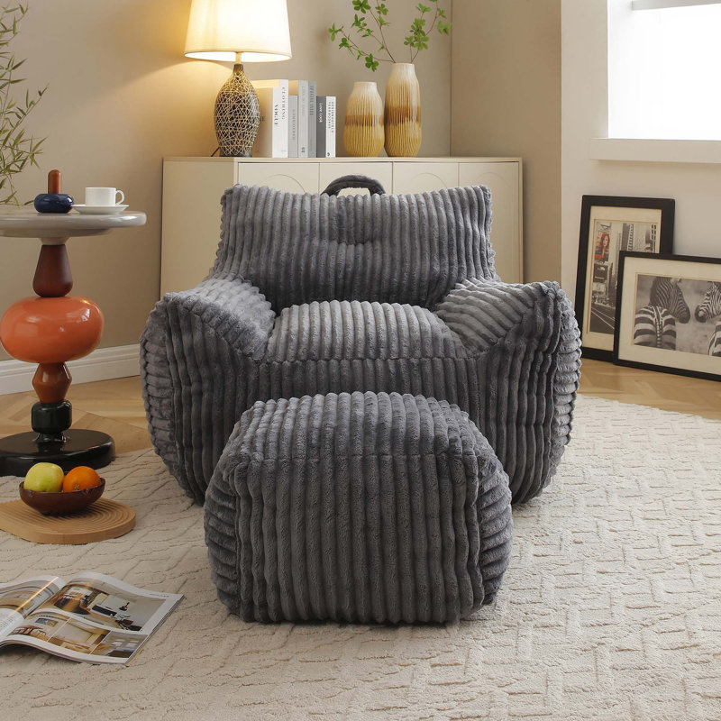 Comfortable Corduroy Bean Bag Chair with Ottoman - Plush Foam Fill, Soft Seating for Your Living Room, Gray Corduroy