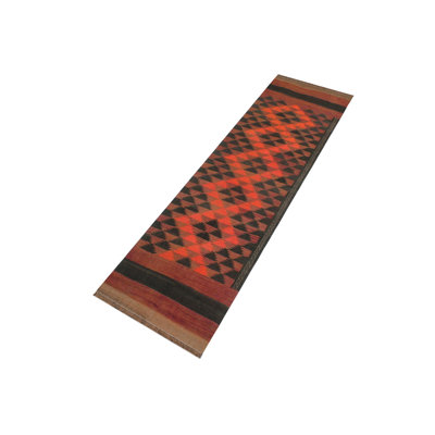 Bahadir Geometric Handmade Hand-Knotted Runner 3'5" x 10'1" Wool Area Rug in Red/Black