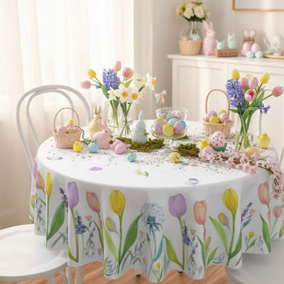 60" Round Table Cloth With Watercolor Lavender And Tulip Floral Design