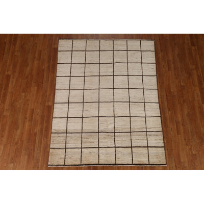 Tapis beige en laine noué à la main de conception unique 5 pi 0 po x 6 pi 6 po New Age