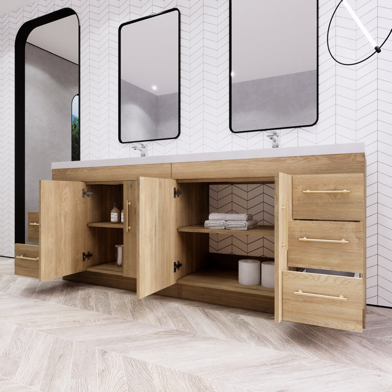 Irline 83.46'' Double Bathroom Vanity with Acrylic Top, Oak