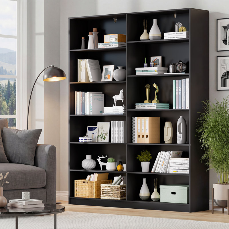 70.8" H 6 Tier Double Wide Freestanding Bookshelf Black Bookcase with Open Display Storage for Bedroom Living Room Home , 1
