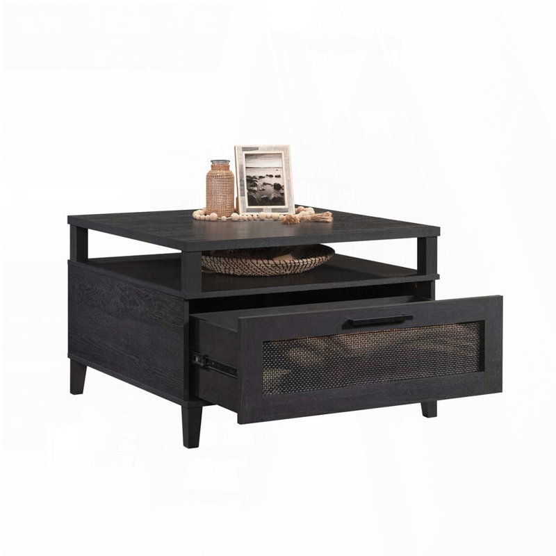 Table basse carrée avec tiroir et casier - Finition noire