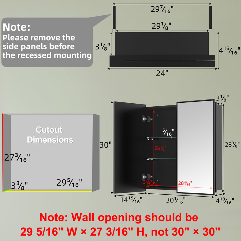 Armoire à pharmacie de salle de bain noire l 30 po x H 30 po avec miroir, tablettes réglables en verre trempé, grand espace de rangement, encastré ou en surface