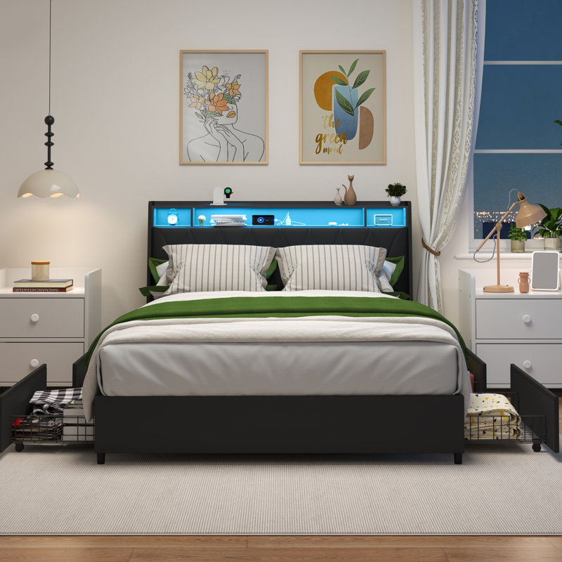 Base de lit plateforme avec prises et chargeur et lumière DEL, Noir, Double