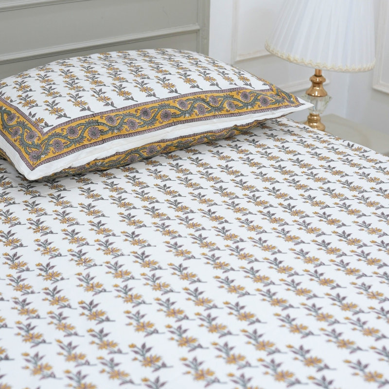 Fabdivine Pure Cotton Bedsheet Set Handcrafted Comfort with Matching Pillow Covers, Deepika, Mustard Floral, Queen Flat Sheet