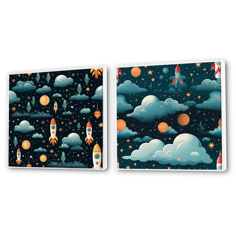 Fusée spatiale pour chambre d'enfant - ensemble de 2 collages carrés pour enfants, Cadre flottant blanc, H 30 po x l 61 po