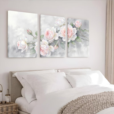 Ensemble de 3 tableaux muraux sur toile à motifs floraux de roses roses, pour la décoration du salon et de la chambre.