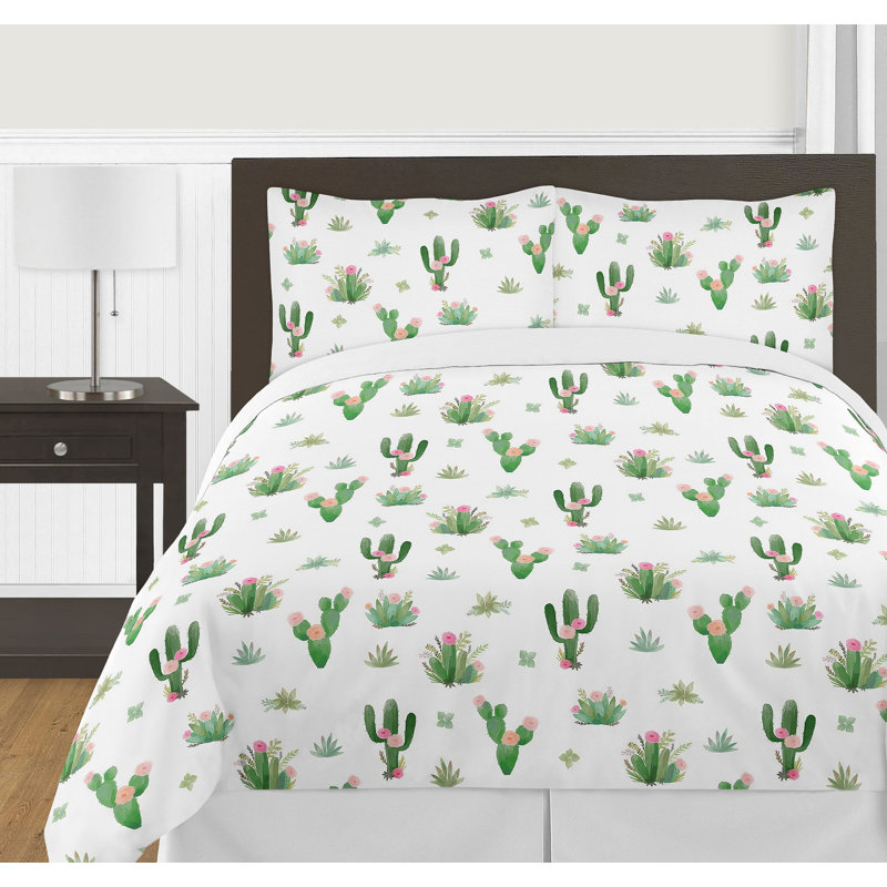 Pink and Green Floral Cactus Queen Microfiber Sheet Set