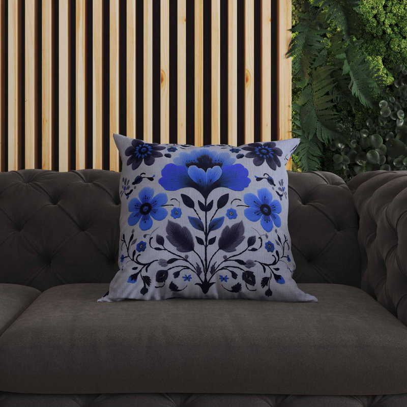Oreiller intérieur / extérieur Rajasthan Bloom, Bleu, Carré 18 po