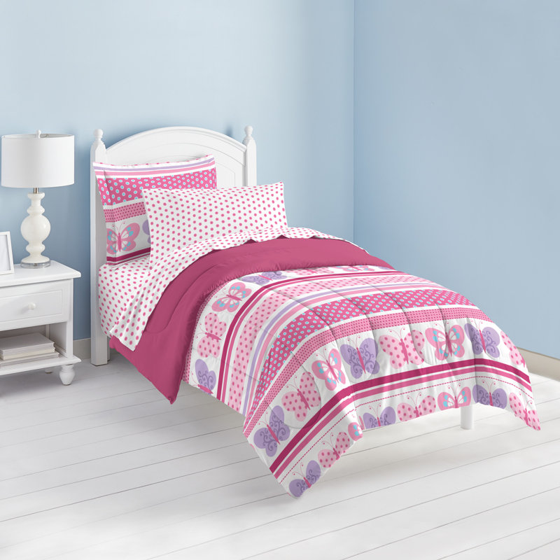 Ensemble d'édredon réversible en microfibre rose Butterfly Dots, Simple
