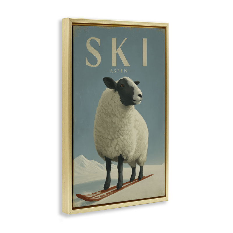Cadre flottant en forme de mouton Ski Aspen, design par Annabelle Hall, H 25 po x l 17 po, Cadre flottant métallique doré
