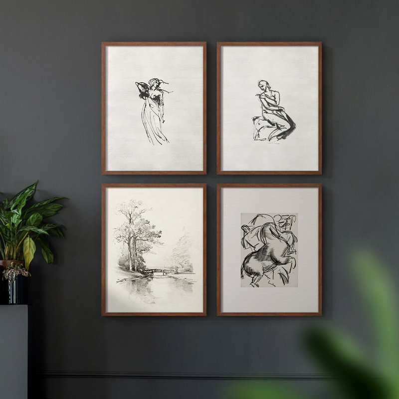 "Croquis rétro XCII", 4 pièces sur papier, Noyer, H 14 po x l 11 po
