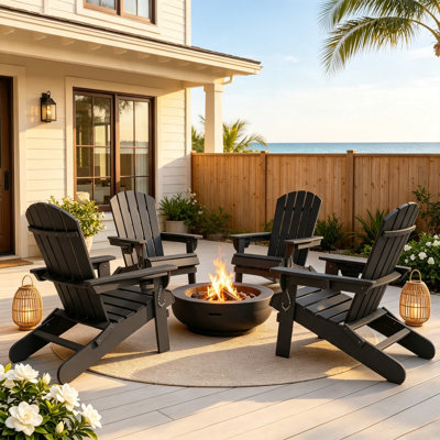 4 Pack Black HDPE Adirondack Chairs with Cup & Phone Holder(Set of 4)