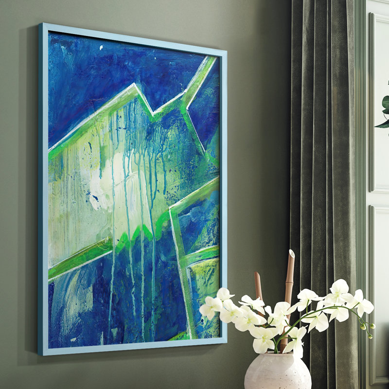 «Geometric in Cool V», reproduction encadrée - bois massif, H 10 po x l 8 po, Bleu