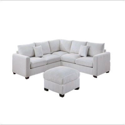 L-Sectional Sofa Corduroy Ivory Color LAF And RAF Loveseats Corner Wedge Ottoman 4Pcs Sectional Set Couch Living Room Furniture