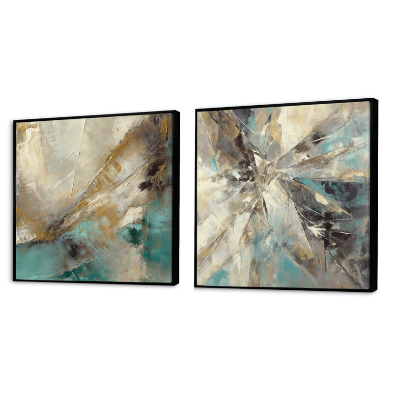Formes beiges et vertes en peinture - ensemble de 2 peintures carrées abstraites, Cadre flottant noir, H 16 po x l 33 po