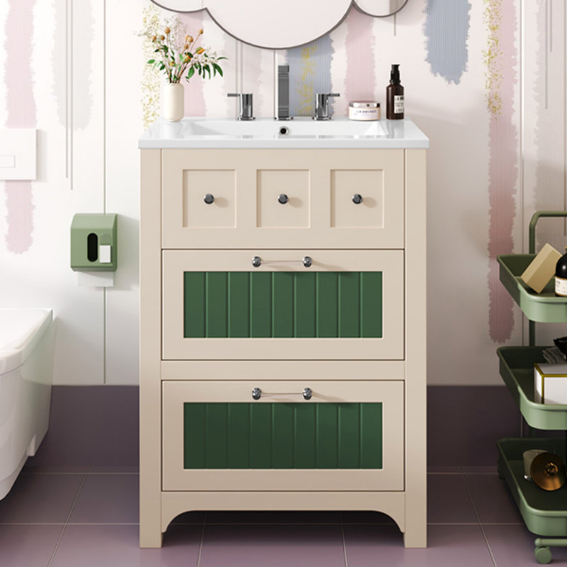 Meuble-lavabo de 24 po avec lavabo en céramique, meuble-lavabo à 2 tiroirs et meuble-lavabo en bois