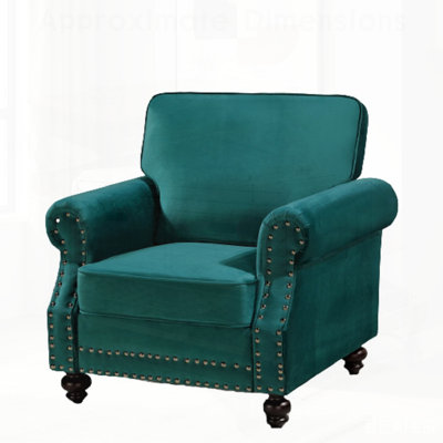 Classic Nailhead Trim Velvet Accent Chair with Solid Wood Turned Legs, Traditional Upholstered Armchair for Living Room