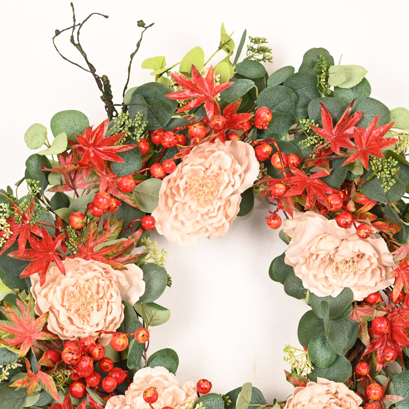 Couronne florale artificielle 24 po 24 po, Crème/Vert