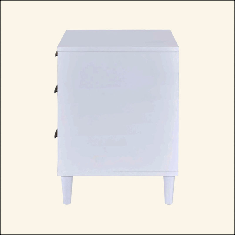 Table de chevet à finition bicolore avec 3 tiroirs, blanc et chêne vieilli