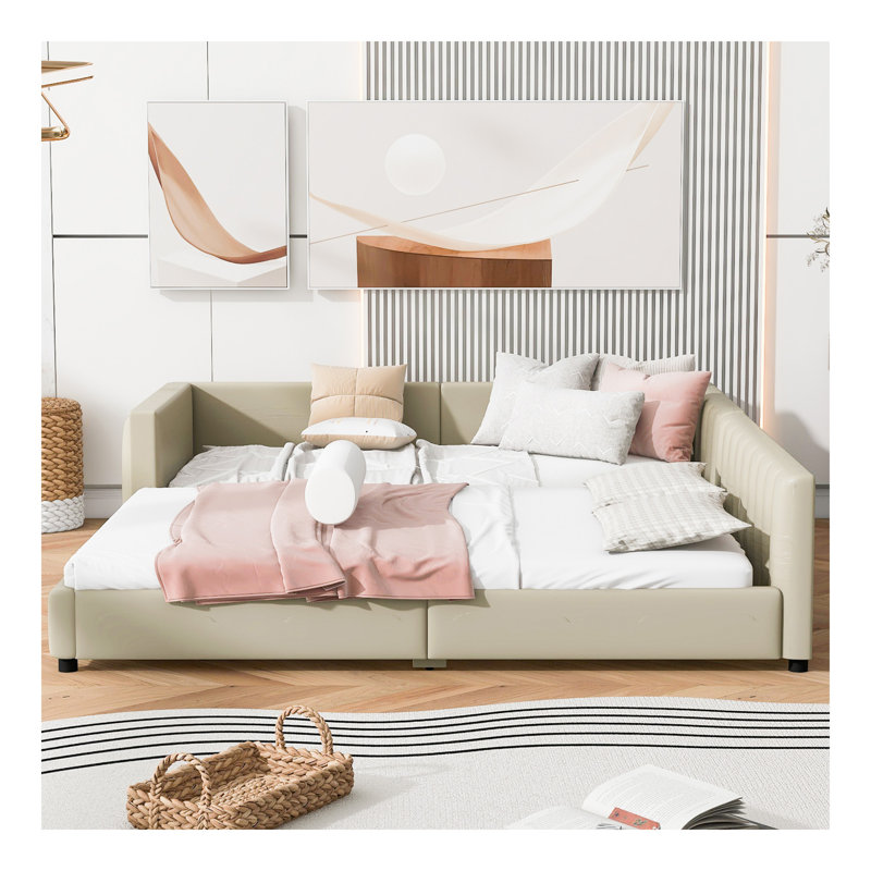 Lit plateforme tapissier grand et simple TG, lit mère et enfant, similicuir, beige