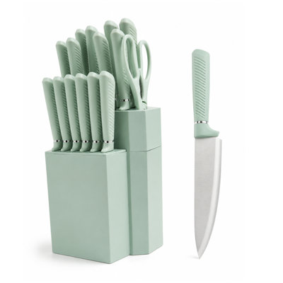 HEESEM 18-Piece Stainless Steel Knife Set with Plastic Block, Ergonomic Handles & Kitchen Shears, Sage Green