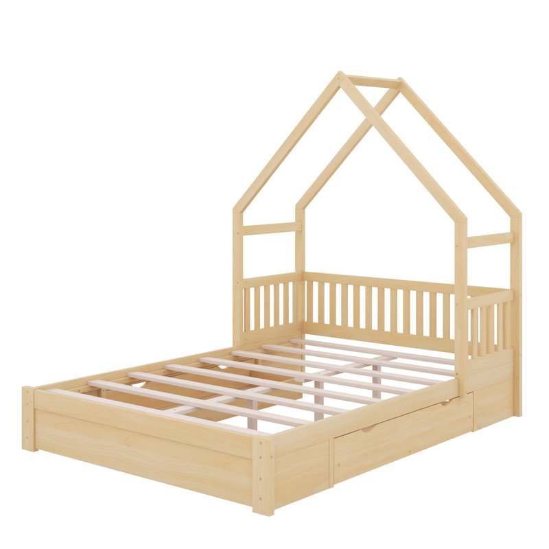 Grand lit plateforme en bois avec garde-corps et 2 tiroirs, Naturel