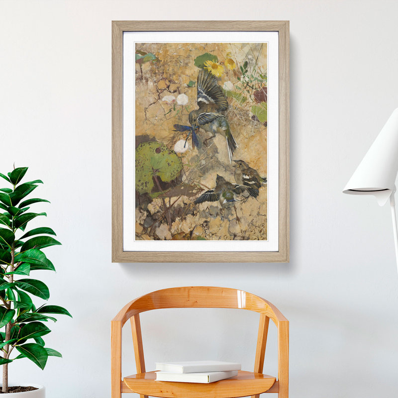 Birds and Dragonflies by Bruno Liljefors - Picture Frame Graphic Art, Oak, 36cm H x 27cm W x 2cm D