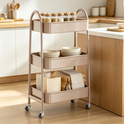 3 Tier Utility Rolling Cart, Metal Storage Cart With Handle And Lockable Wheels, Multifunctional Organizer Trolley With Mesh Baskets For Kitchen, Living Room, Office, Garage