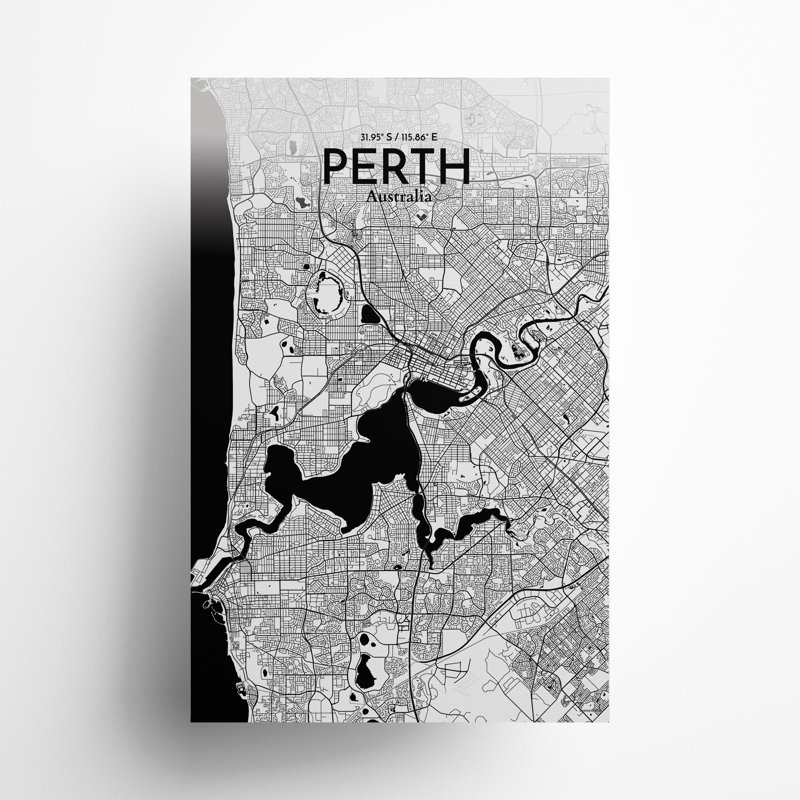 «Perth City Map», impression, H 17 po x l 11 po, Noir / blanc